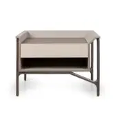 Nightstand, beige leatherette, modern design with dark wood panel and single drawer, supported by walnut-toned tapered legs.