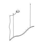 Pendant lamp sketch, black line on white, shows two cables – one straight, one curved – with a circular junction box and rounded lamp fixture.