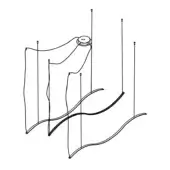 Triple pendant lamp, metal and fabric, with curved rectangular shades suspended from a circular ceiling mount in a technical sketch.