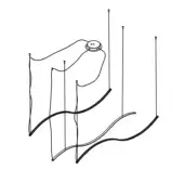 Triple pendant lamp, black linear sketch, circular shades connected by curved metal rods, upwards and downwards facing lights.