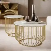 Captivating Bontempi Circus coffee table with a circular cage built from gold-colored metal and white SuperMarble top