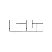 Modular shelving unit schematic, black lines on white, rectangular compartments arranged in stepped layers with connection point details.