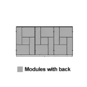 Modular shelving unit diagram, gray rectangular modules, interlocking herringbone pattern with black connection points on white background.
