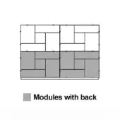 Modular shelving unit diagram, gray and white, grid layout with connection points, two-tiered design showing modules with and without back panels.