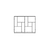 Modular shelving unit, white and glass, rectangular grid with compartments and mounting points, technical diagram rendering.