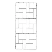 Abstract rectilinear grid pattern in black and white, featuring interlocking rectangular blocks and a thick border with evenly spaced dots.