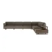 Dark brown modular sectional sofa with L-shape, bolster pillow, and matching rectangular side table with drawer, brass legs.