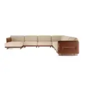 Modular sectional sofa, beige upholstery and dark brown leather, with brass cylindrical legs and corner configuration.