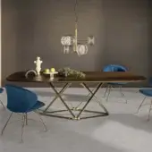 Superior Bontempi Delta Barrel table with dark brown wood and a brass-colored geometric metal base