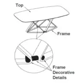 Rectangular table with dark gray metal geometric frame, rounded corners, and light gray tabletop; detailed frame junctions shown in inset.