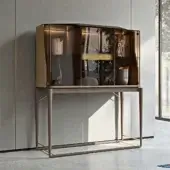 Distinguished Turri Vine bar cabinet with bronzed glass and light brown wood, embellished with brushed gold metal details