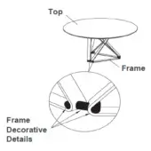 Round table with light wood top and geometric black metal frame, featuring triangular patterns and rounded decorative details; studio shot.