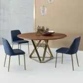 Elegant Bontempi Delta round table with medium brown wood and geometric gold finished metal base