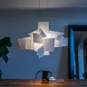 Exceptional Foscarini Big Bang suspension lamp with an abstract geometric form in white aluminum and translucent methacrylate with a matte finish