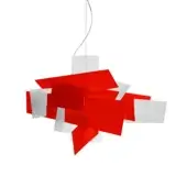 Exclusive Foscarini Big Bang suspension lamp with intersections of translucent red methacrylate slabs and white epoxy powder coated metal canopy