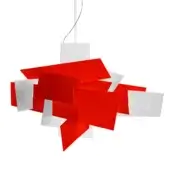 Captivating Foscarini Big Bang suspension lamp with intersecting planes of translucent red methacrylate slabs and silk-screened coloring