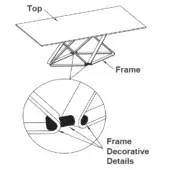 Rectangular table with geometric metal frame, featuring triangular patterns and a matte finish; inset details highlight frame connections.