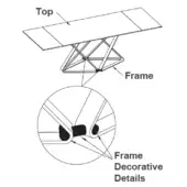 Extendable table technical drawing, metal frame, geometric design with detailed inset showing angled bars and decorative elements, labeled components.