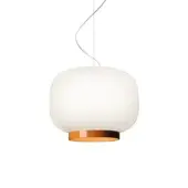 Exceptional Foscarini Chouchin Reverse suspension lamp in white cased glass with reflective bronze and stainless steel cable construction