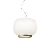 Distinguished Foscarini Chouchin Reverse suspension lamp in glossy white cased glass with a gold-toned metallic base crafted with stainless steel cable