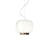 Elegant Foscarini Chouchin Reverse suspension lamp with hand-blown cased glass diffuser in milky white and dark bronze finish