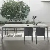 Superior Bontempi Duke rectangular extendable table with a marble-like tabletop and matte metal frame crafted in Italy with a glossy finish