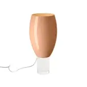 Foscarini Buds table lamp, pink gloss shade, oval form, white translucent base, modern minimalist design, studio lighting.