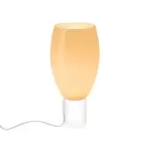 Foscarini Buds table lamp, yellow gradient shade, white cylindrical base, modern design, studio lighting, gray power cord.