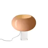 Foscarini Buds table lamp, pink, mushroom-shaped shade with glossy finish and silver circular base, gray cord visible.