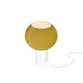 Foscarini Buds table lamp, bamboo green, spherical lampshade with white cylindrical base and curved cord, studio shot.