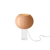 Foscarini Buds table lamp, pink acrylic, spherical shade with gold interior, clear cylindrical base, minimalist modern design.