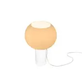 Foscarini Buds table lamp, orange opaque shade, white cylindrical base, minimalist design, studio lighting, soft glow.