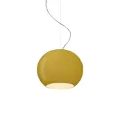 Exceptional Foscarini Buds suspension lamp with hand-blown cased glass in glossy mustard yellow and stainless steel cable