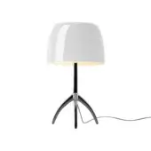 Foscarini Lumiere Grande table lamp, white lampshade, black stem and tripod base, minimalist modern design, studio lighting.