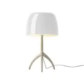 Foscarini Lumiere Grande table lamp, white champagne, large rounded shade with glossy finish and tripod metallic base.