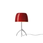 Foscarini Lumiere Piccola table lamp, cherry aluminum, flared red shade with polished silver stem and three-leg base.