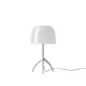 Foscarini Lumiere Piccola table lamp, white aluminum, rounded shade with silver metal stem and three-leg base.