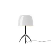 Foscarini Lumiere Piccola table lamp, white shade, black metal tripod base, polished chrome stem, minimalist modern design.