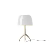 Foscarini Lumiere Piccola table lamp, white champagne, rounded opaque shade with glossy finish and curved metallic legs.