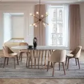Superior Pacini & Cappellini Cosmo table with light gray polished natural marble and painted metal bars in bronze or gold tone
