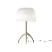 Foscarini Lumiere table lamp, white opaque shade, circular perforations, brushed metal tripod base, black cord, studio lighting.
