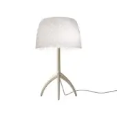 Foscarini Lumiere table lamp, translucent white polycarb shade, diamond texture, brushed metal tripod base, minimalist modern design.