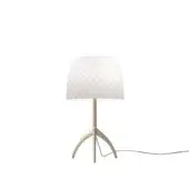Foscarini Lumiere table lamp, off-white, dimpled conical shade with brushed metal stem and tripod base, minimalist design.