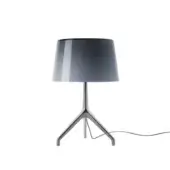 Foscarini Lumiere Table Lamp XXS in gray aluminum, cylindrical shade, tripod base, modern minimalist design, studio product shot.