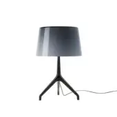 Foscarini Lumiere Table Lamp XXS in gray and black, cylindrical shade, tripod base, minimalist modern design, studio shot.