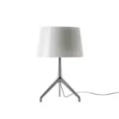 Foscarini Lumiere Table Lamp XXS in white aluminum, cylindrical shade, polished aluminum tripod base, minimalist modern design.