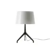 Foscarini Lumiere Table Lamp XXS, white and black, cylindrical shade with tapered form and three curved legs.