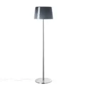 Foscarini Lumiere floor lamp, gray aluminum, tall cylindrical shade with silver interior and slender pole base.