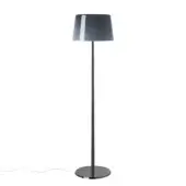 Foscarini Lumiere floor lamp, black metal stem, gray cylindrical lampshade with chrome trim, minimalist modern design, studio shot.