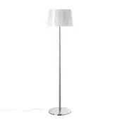 Foscarini Lumiere floor lamp, polished aluminum, tall slender pole with white conical lampshade, minimalist modern design.